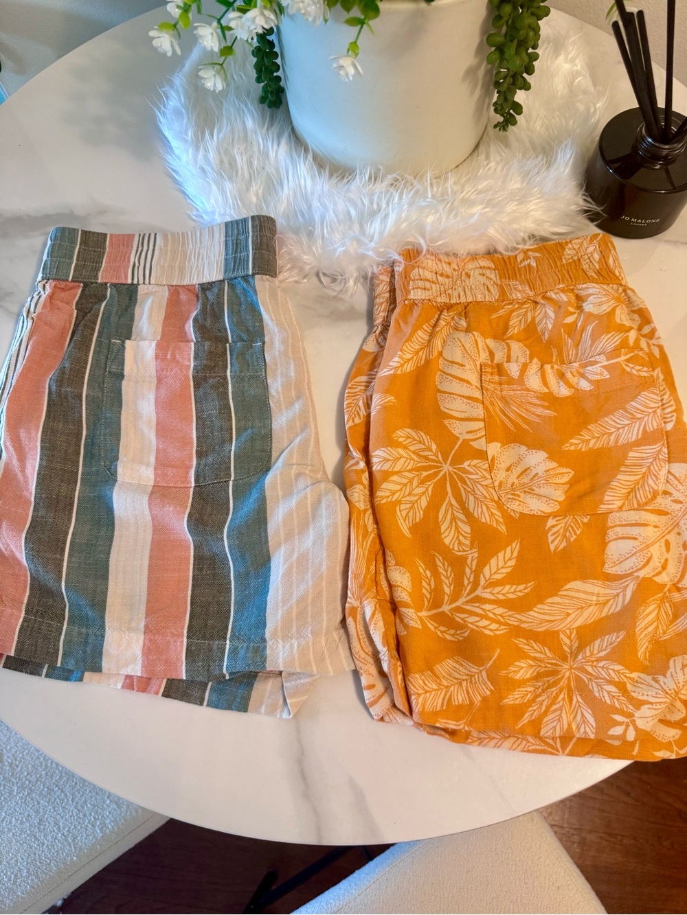 Set of Two Casual Summer Shorts - Striped & Orange Leaf Print - S